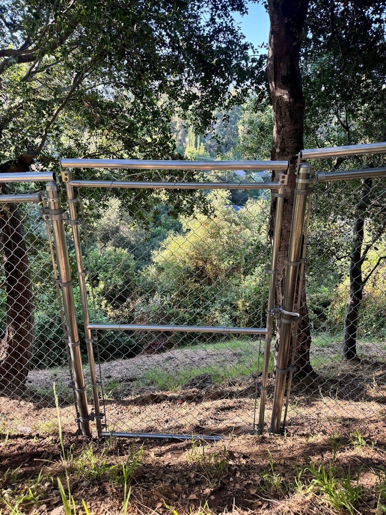 Chain-link walk gate set between trees on a wooded lot